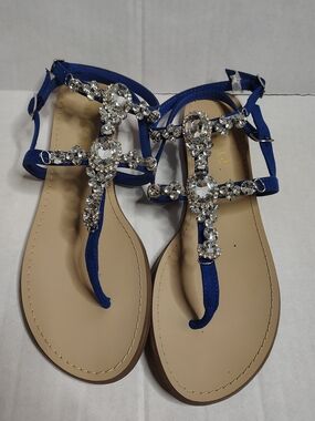 Shoe Dazzle Blue Suede Rhinestone Strap Flat Sandals Women's Size 8.5 New